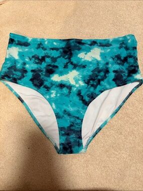 Old Navy High-Waist Tie-Dye Swim Bottoms in Teal and Navy XL Some Loose Stiches